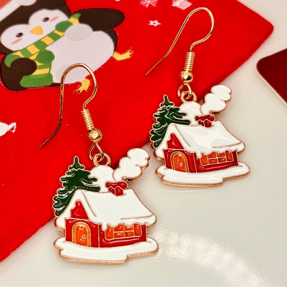 🎄DEAL Festive Enamel Holiday Cozy House Dangle Fishhook Drop Christmas Earrings - Picture 1 of 6
